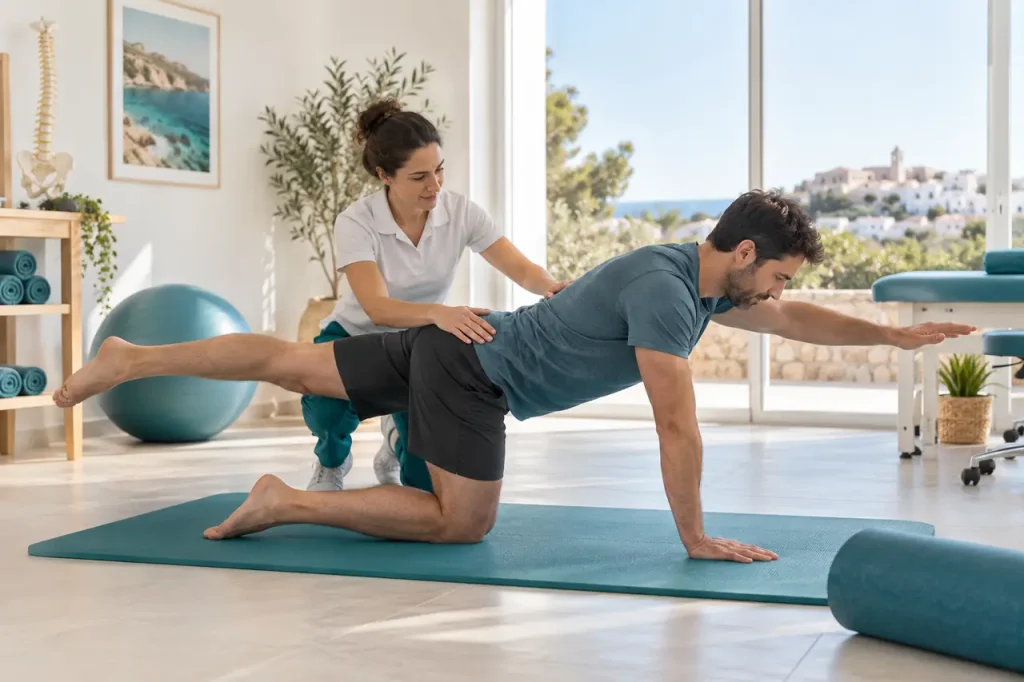Fisioterapeuta supervisando un ejercicio para el dolor lumbar en una clínica de Alaior