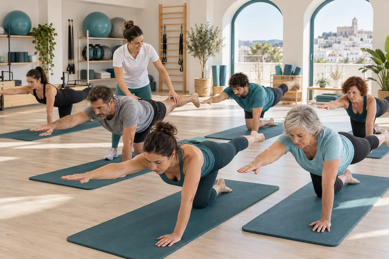 Clase de Pilates en grupo reducido guiada por una fisioterapeuta en Alaior