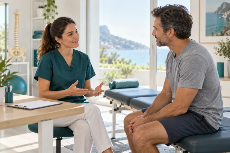 Fisioterapeuta hablando con un paciente durante su primera sesión en una clínica de Alaior